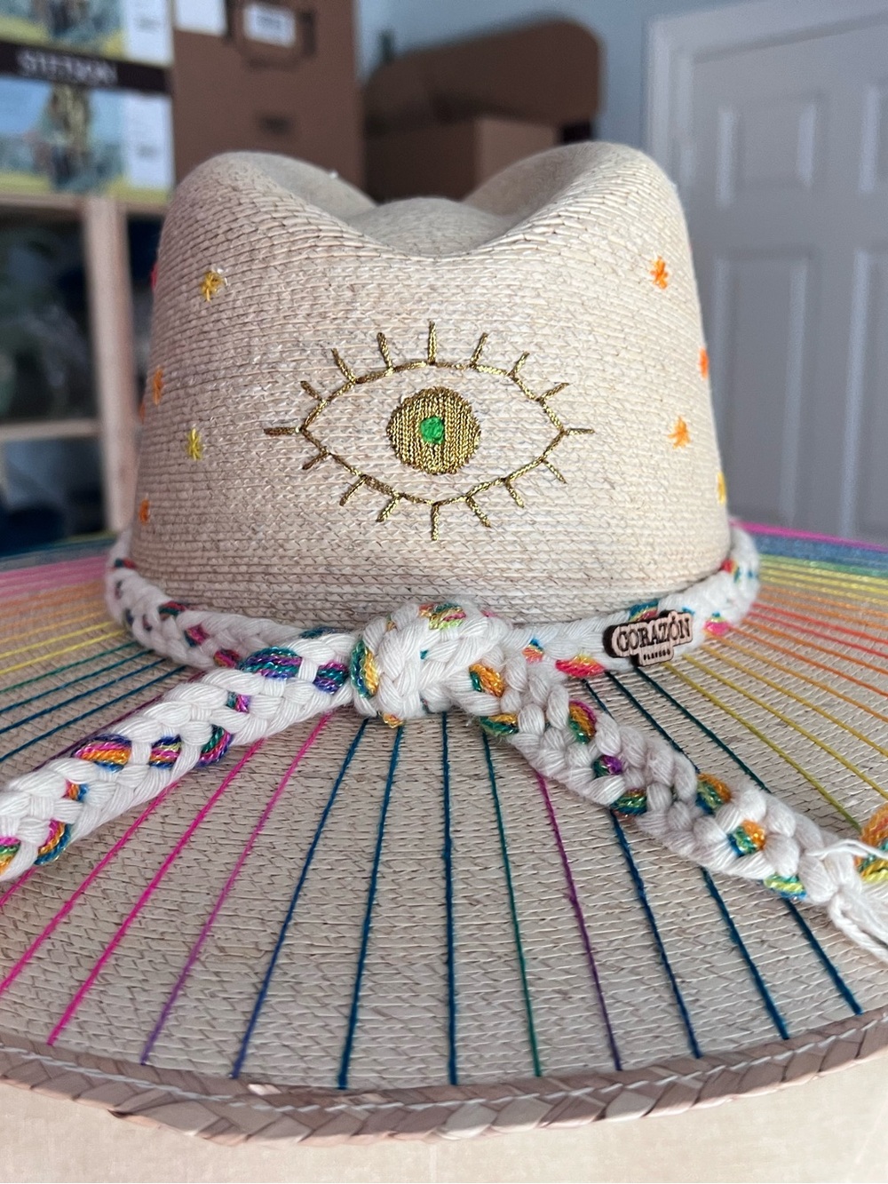 Corazon Cream Embroidered Eye Straw Hat with Rainbow Trim